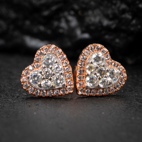 Womens Two Tone Rose Gold Elegant Luxury 925 Sterling Silver Heart Stud Earrings - Picture 2 of 5